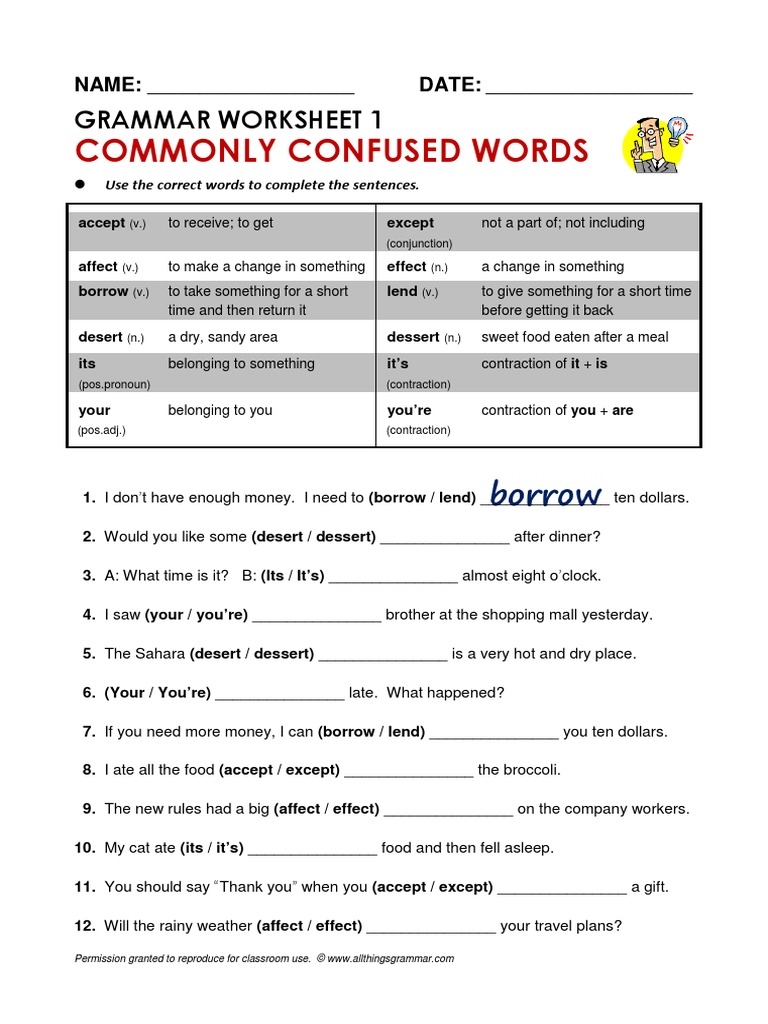 Commonly Confused Words Worksheet 1 PDF Morphology Worksheets Library