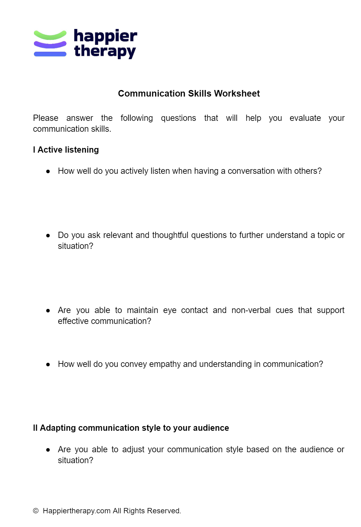 Communication Skills Worksheet PDF HappierTHERAPY Worksheets Library