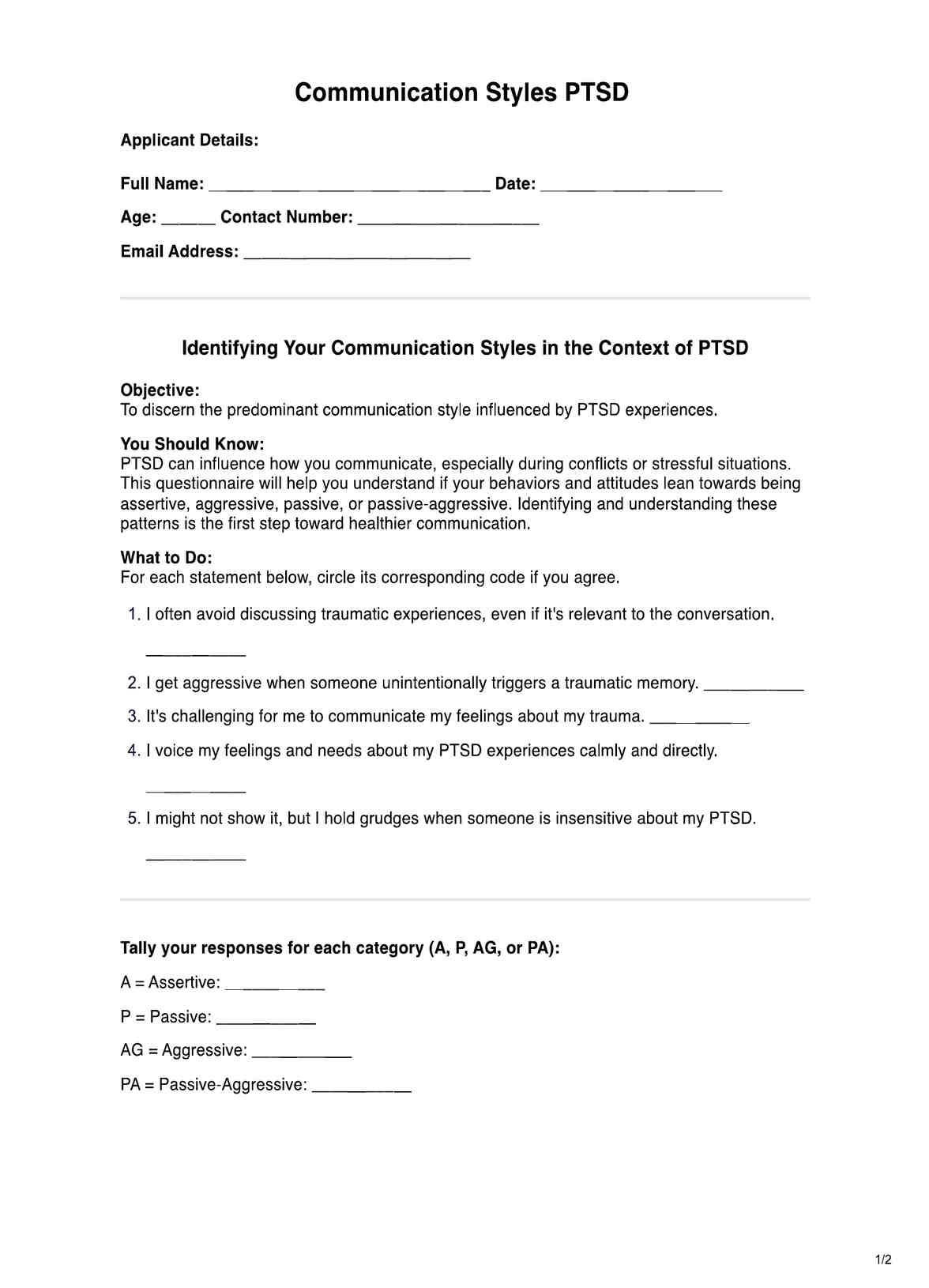 Communication Styles PTSD Worksheet