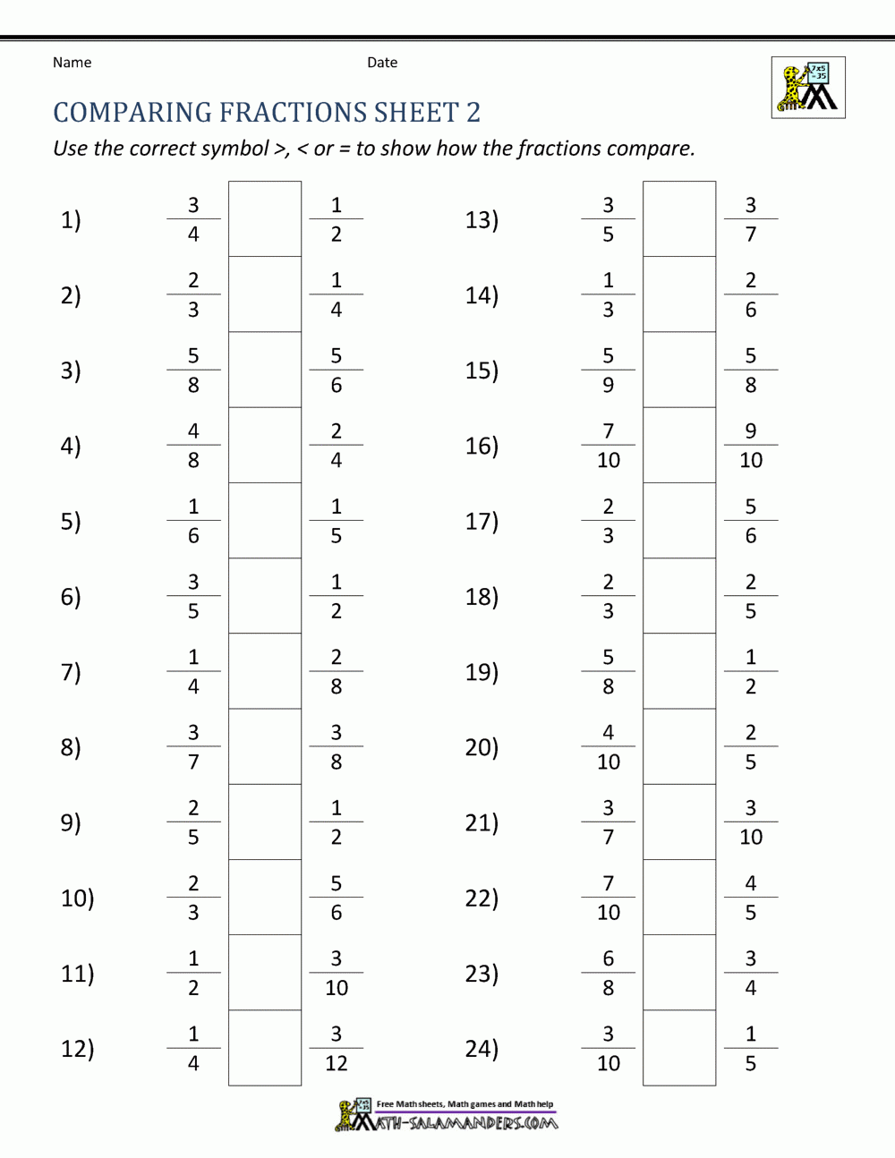 Comparing Fractions Worksheet