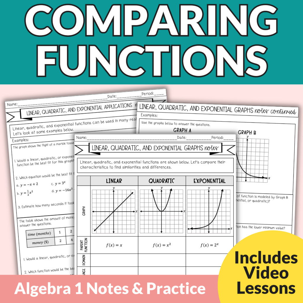 Comparing Functions Linear Quadratic And Exponential Notes Worksheets Lindsay Bowden
