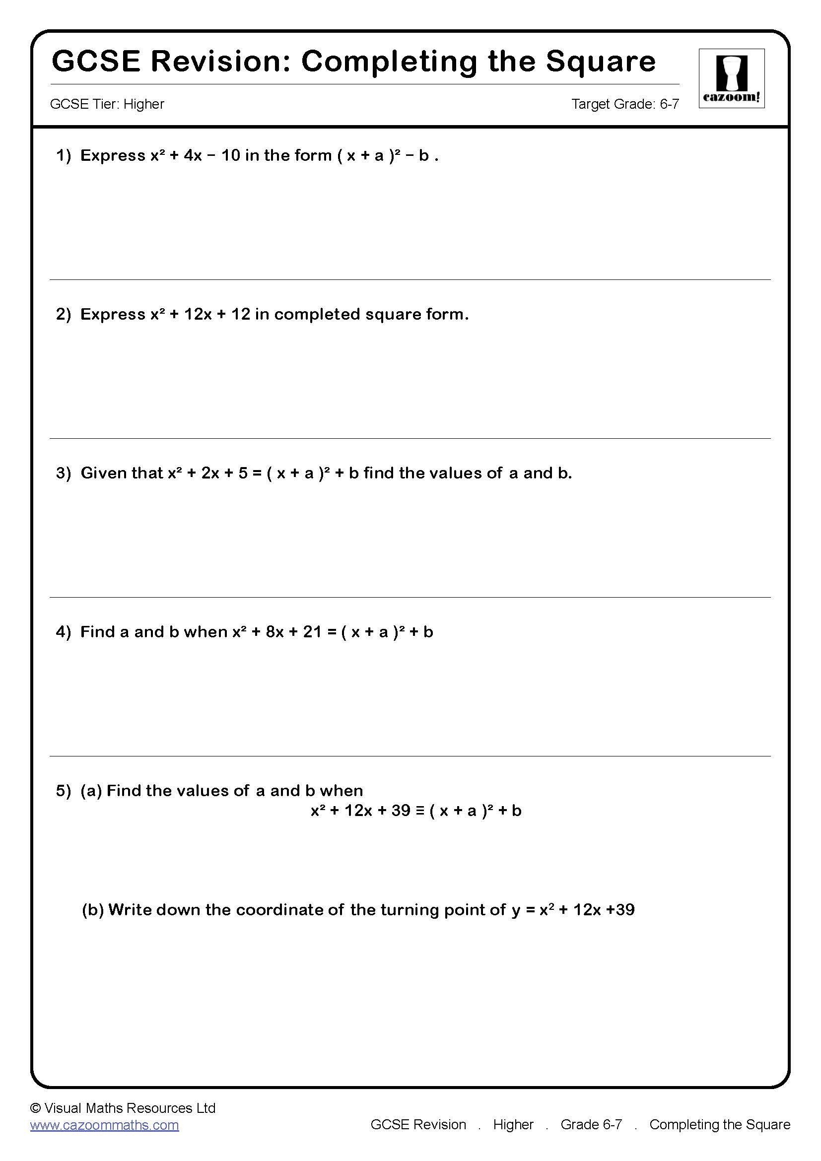 completing square worksheet pdf