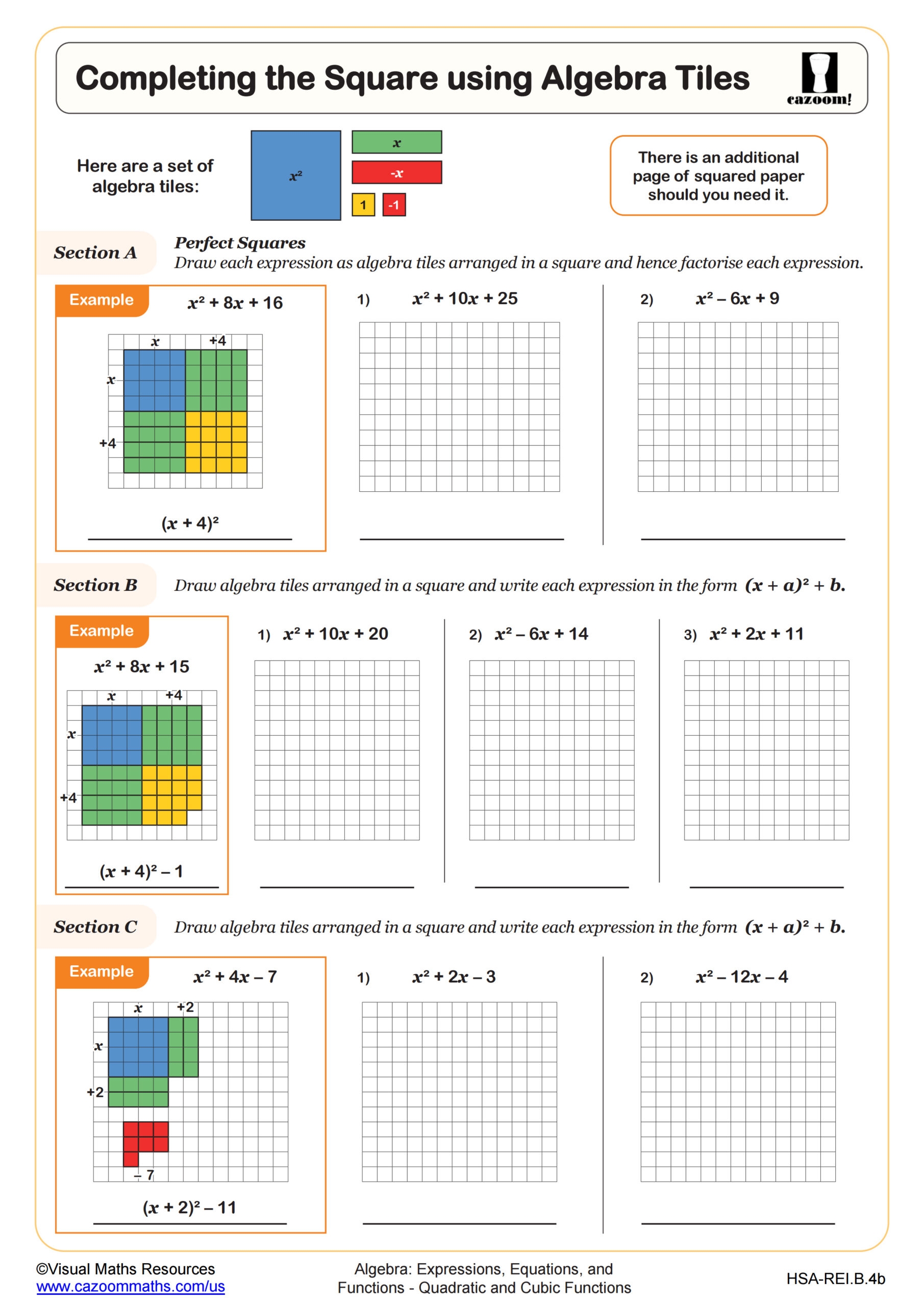 Completing The Square Using Algebra Tiles Worksheet PDF Printable Algebra Worksheet Cazoom Math