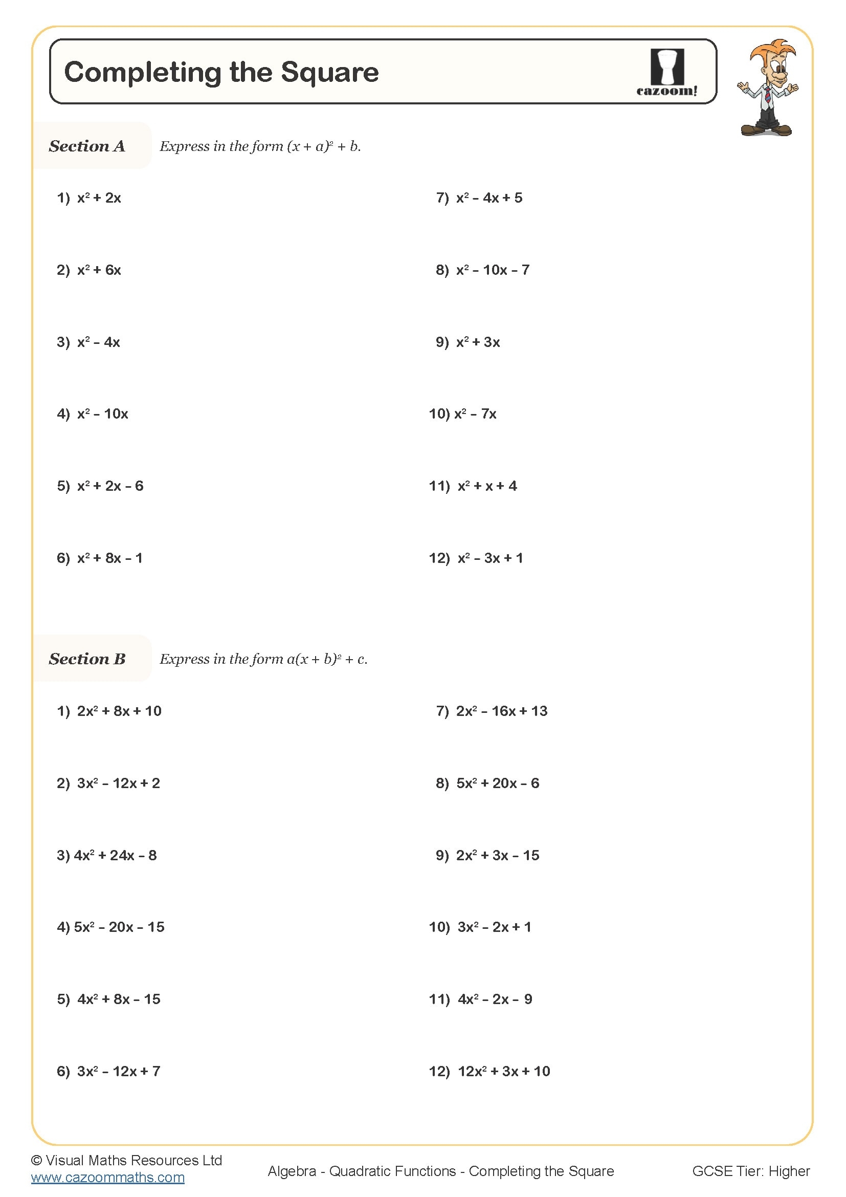 Completing The Square Worksheet Cazoom Maths Worksheets Worksheets Library Completing The Square Worksheet Cazoom Maths Worksheets Worksheets Library