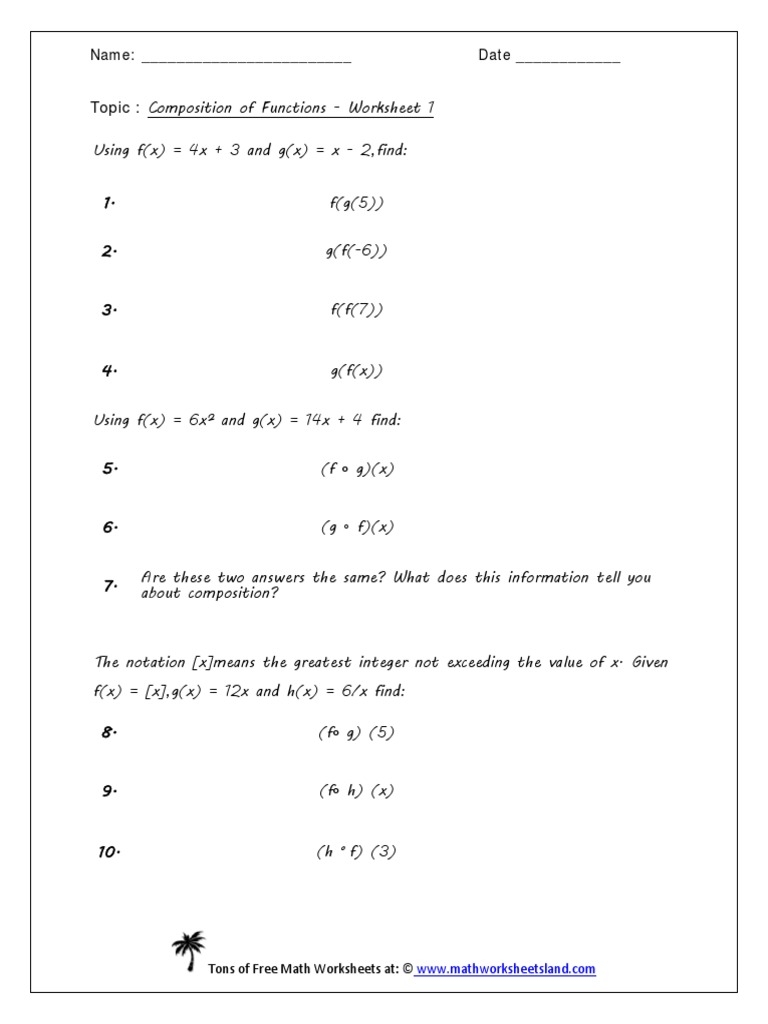 Composition Functions Worksheet PDF Ring Theory Mathematical Worksheets Library