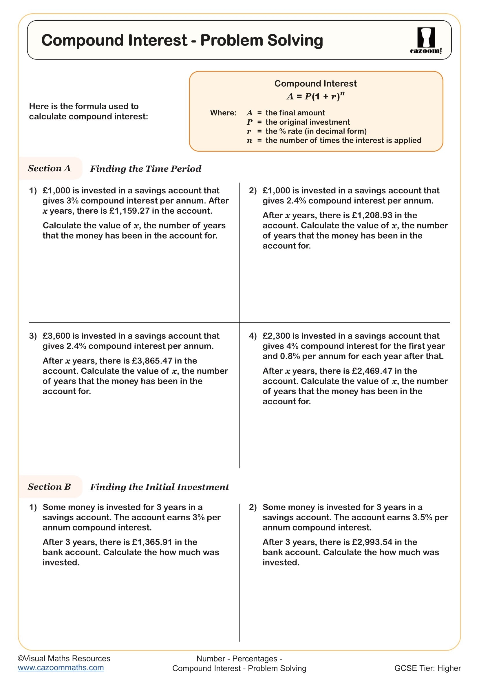 Compound Interest Problem Solving Worksheet Printable PDF Year 10 And Year 11 Number Worksheet