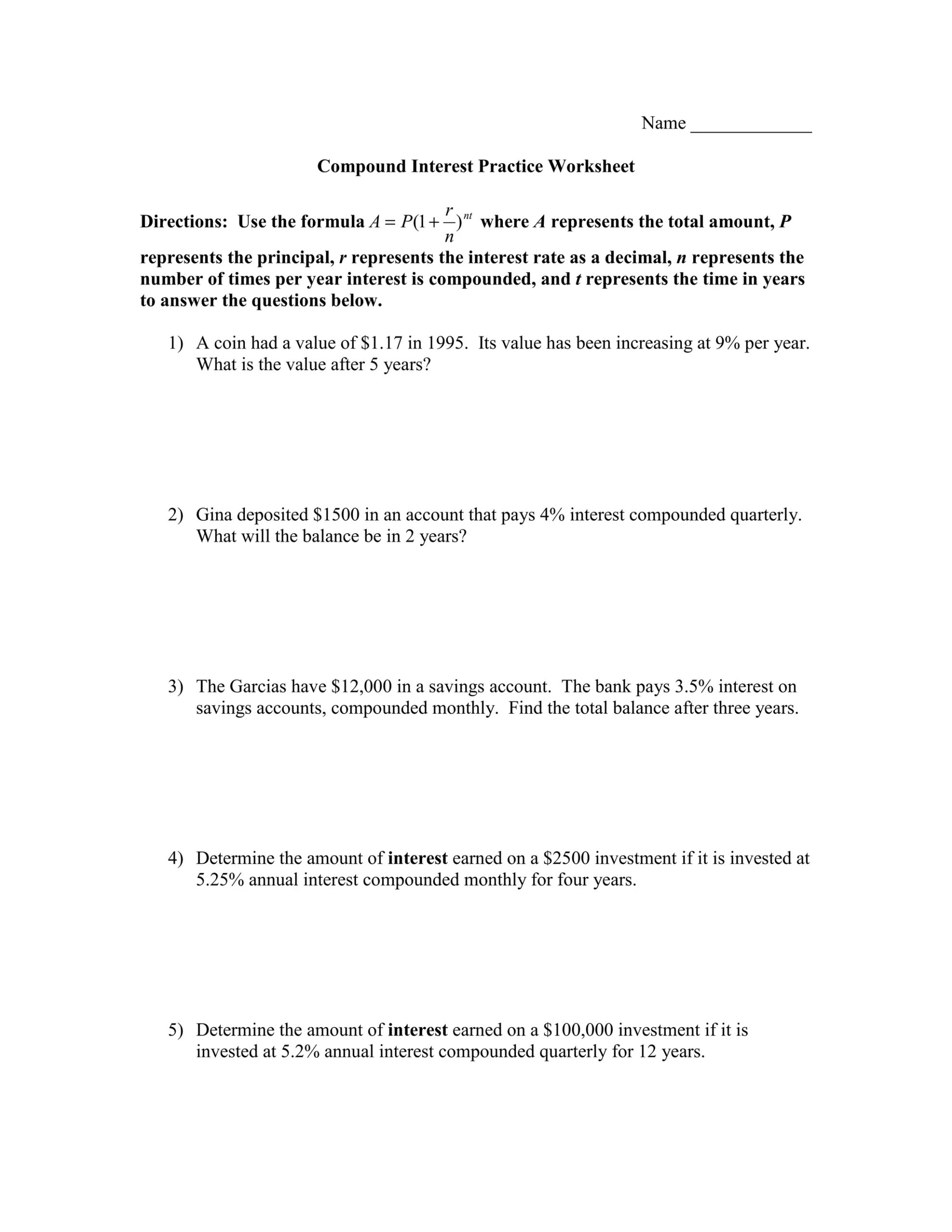 Compound Interest Worksheet PDF Compound Interest Worksheet PDF