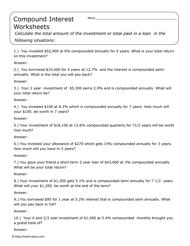 Compound Interest Worksheet Practice Problems
