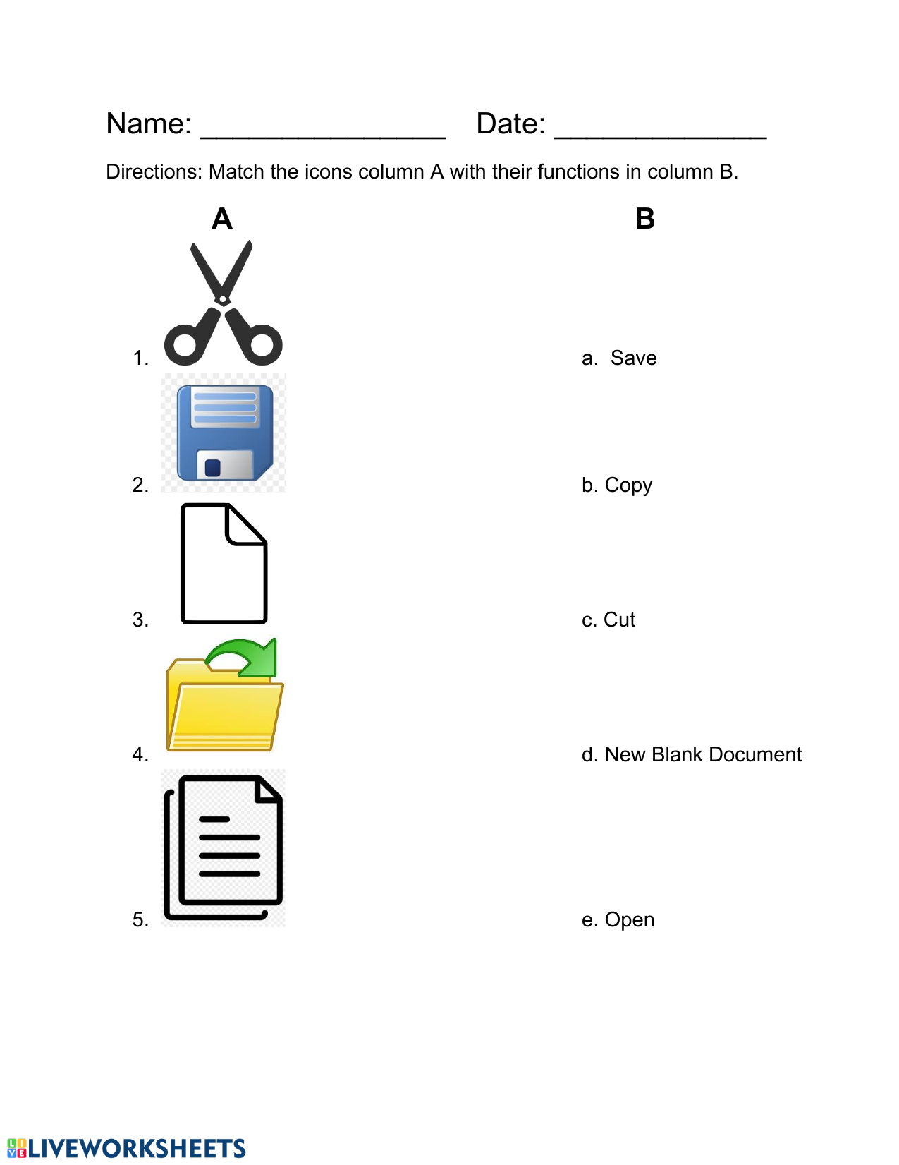 Computer Icon Matching Worksheet