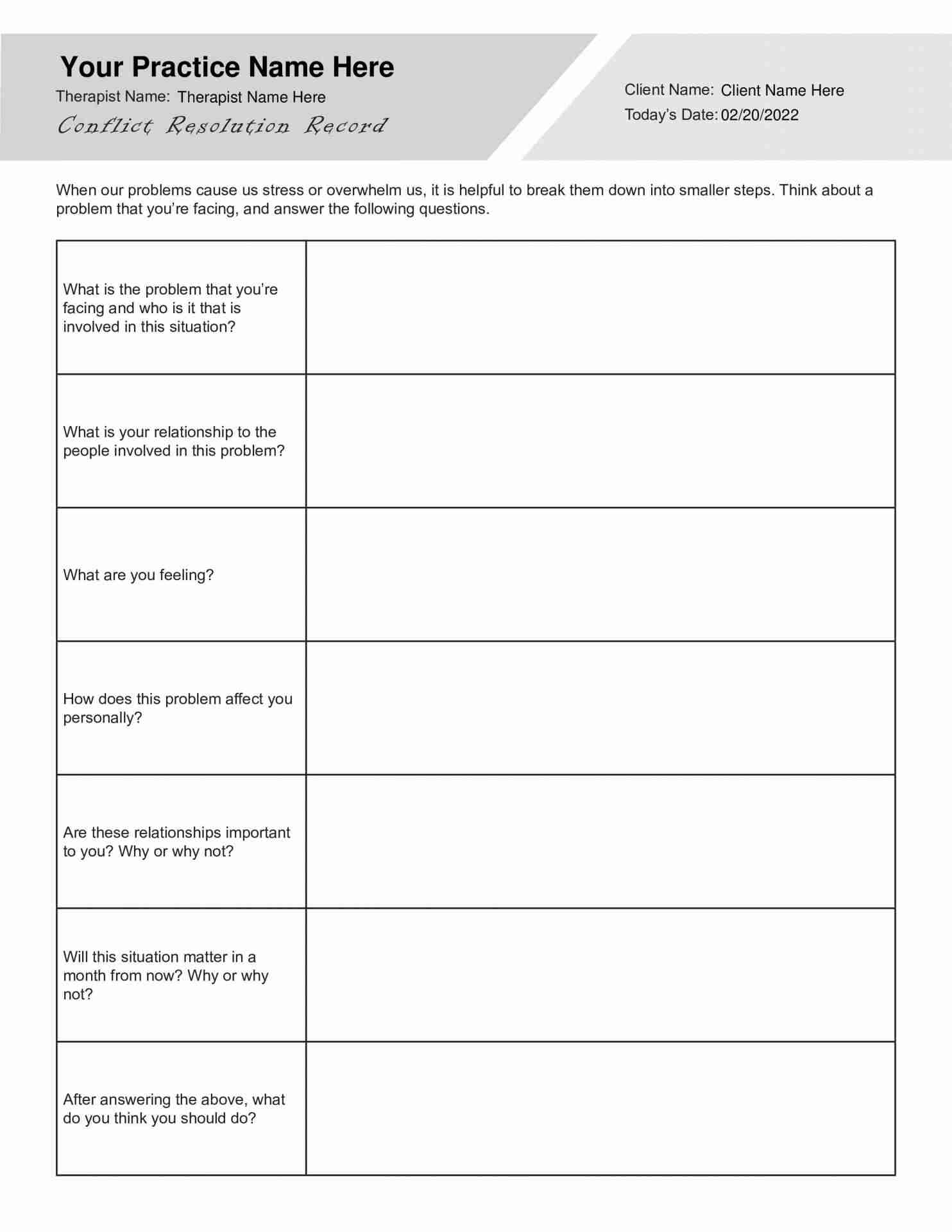 Conflict Resolution Record Worksheet Editable Fillable Printable PDF TherapyByPro Conflict Resolution Record Worksheet Editable Fillable Printable PDF TherapyByPro