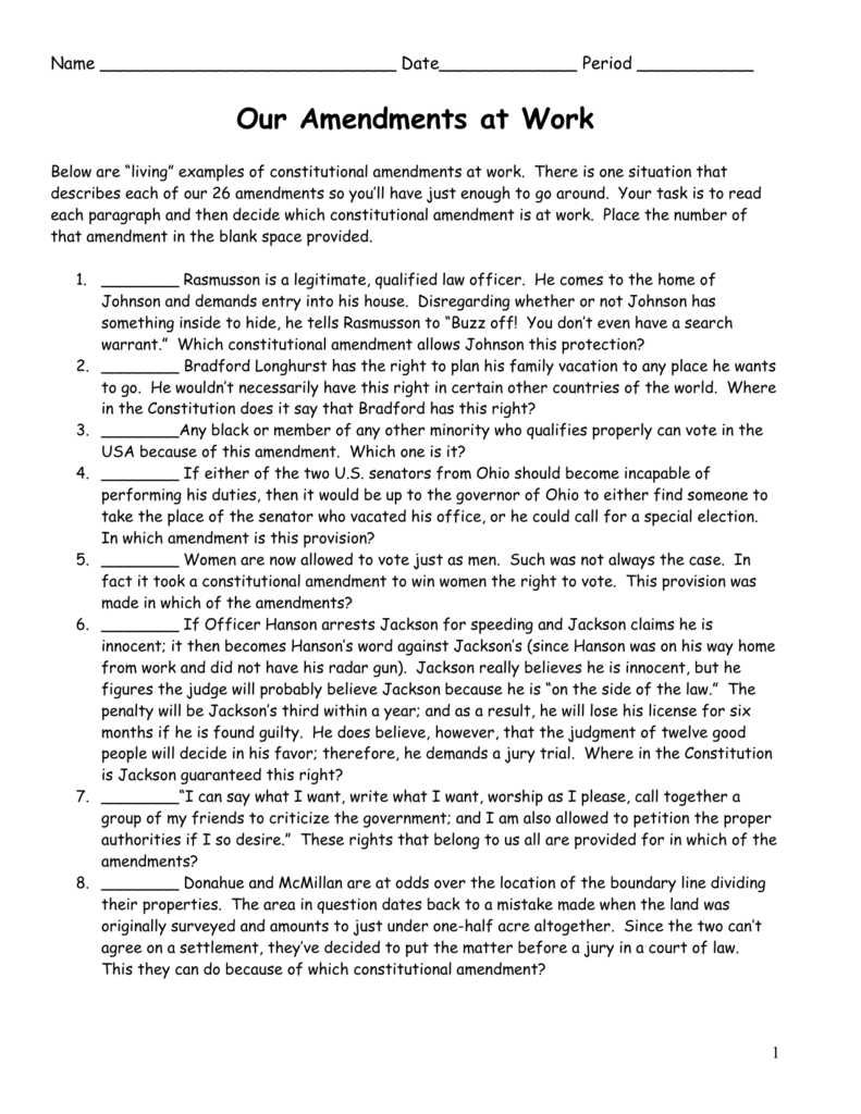 Constitutional Amendments Worksheet Real Life Scenarios
