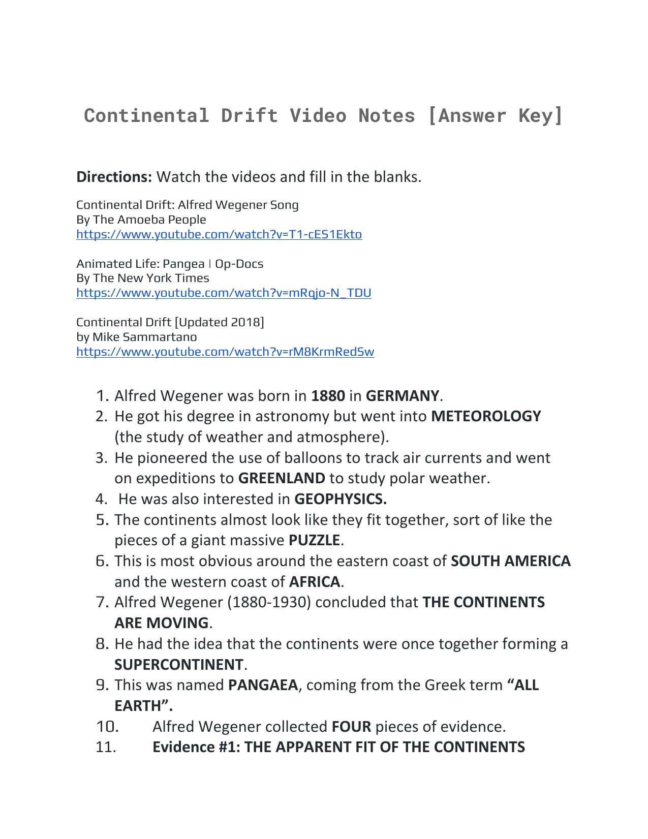 Continental Drift Worksheet Wegener s Theory Continental Drift Worksheet Wegener s Theory