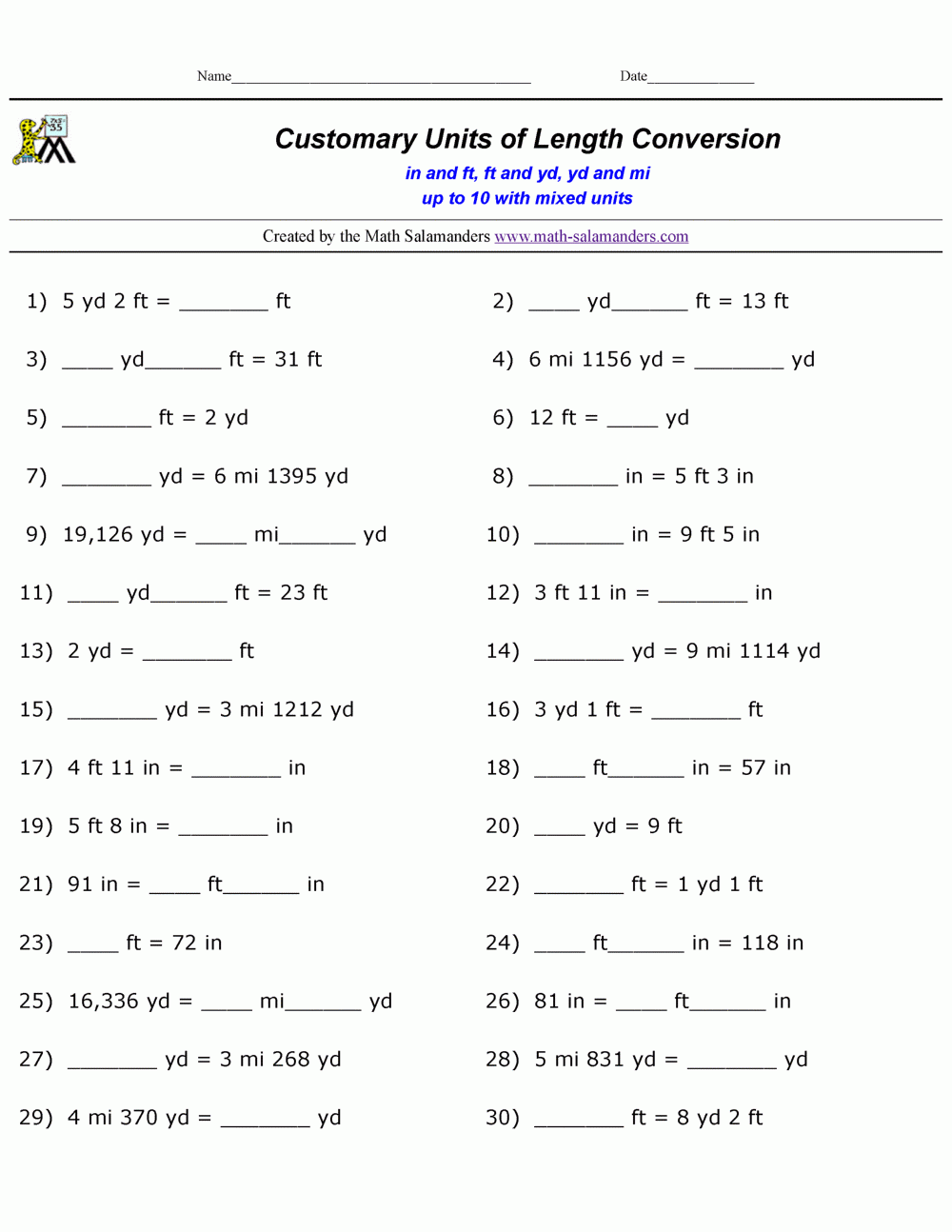 Convert Customary Units Of Length Worksheets