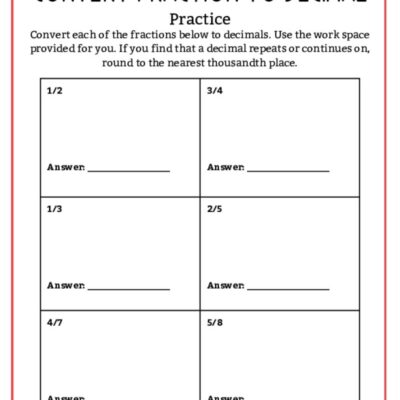 Converting Fractions To Decimals Worksheets