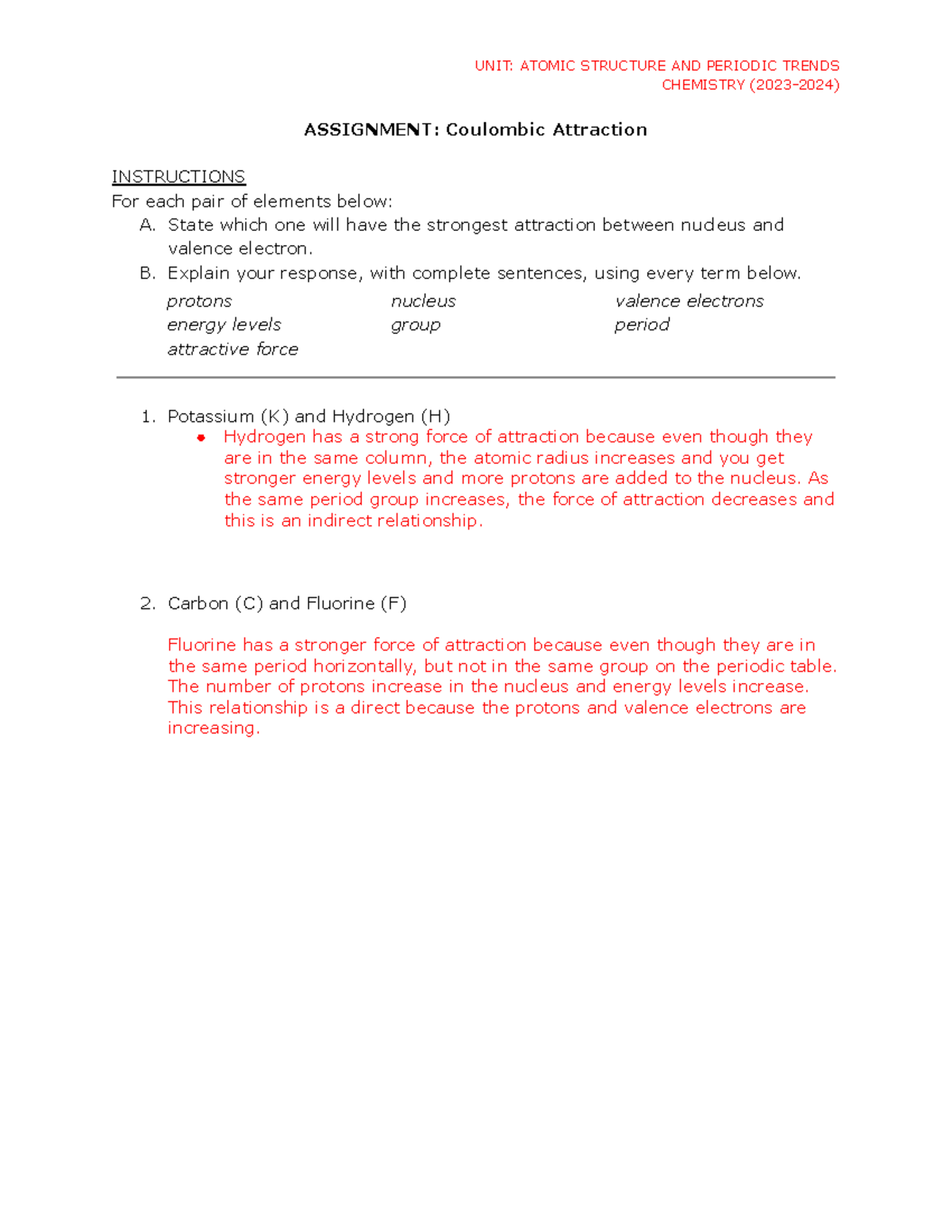 coulombic attraction worksheet answers