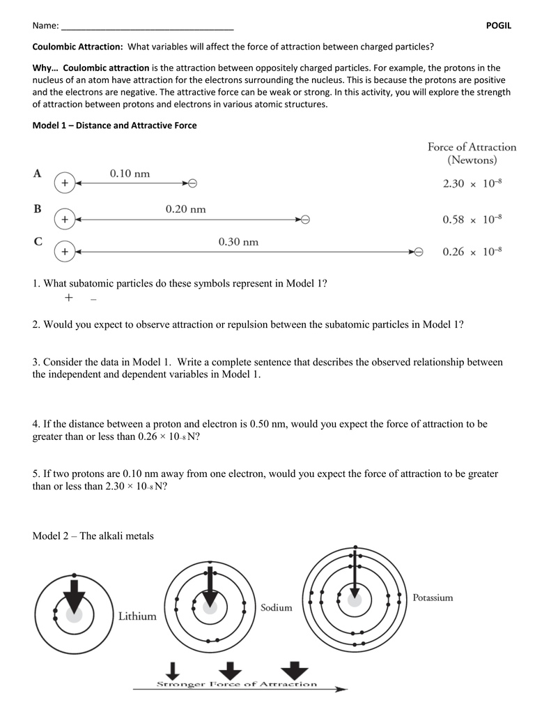 Coulombic Attraction Worksheet Distance Charge Effects