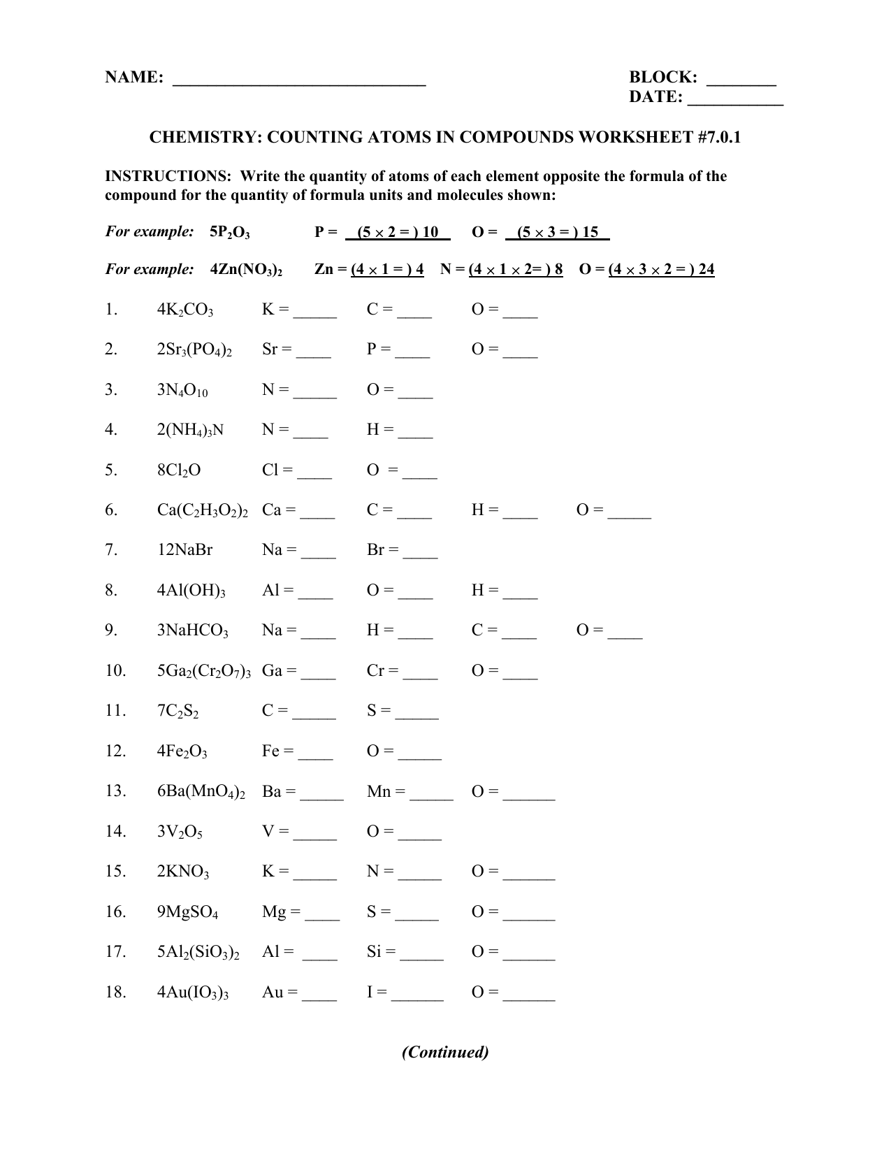 Counting Atoms In Compounds Chemistry Worksheet