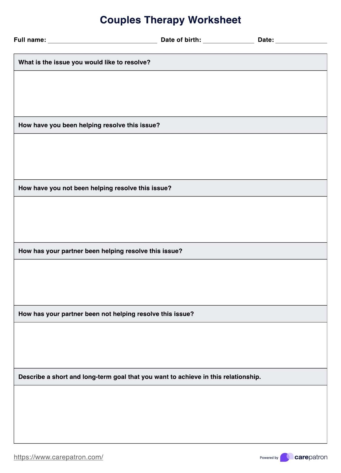 Couples Therapy Worksheet Template