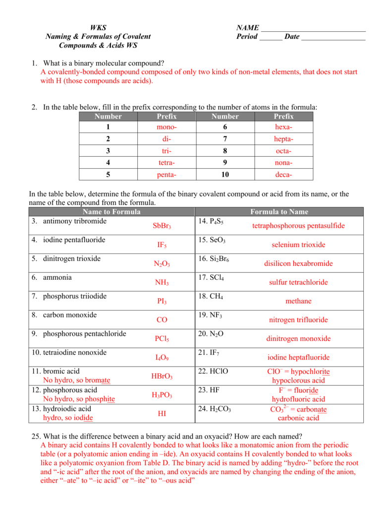 Covalent Compounds Acids Naming Formulas Worksheet