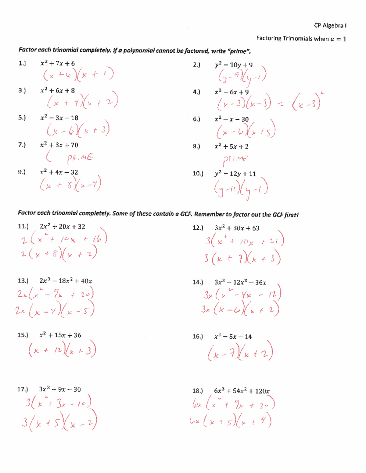 CP Algebra I Factoring Trinomials Answer Key And Solutions Studocu