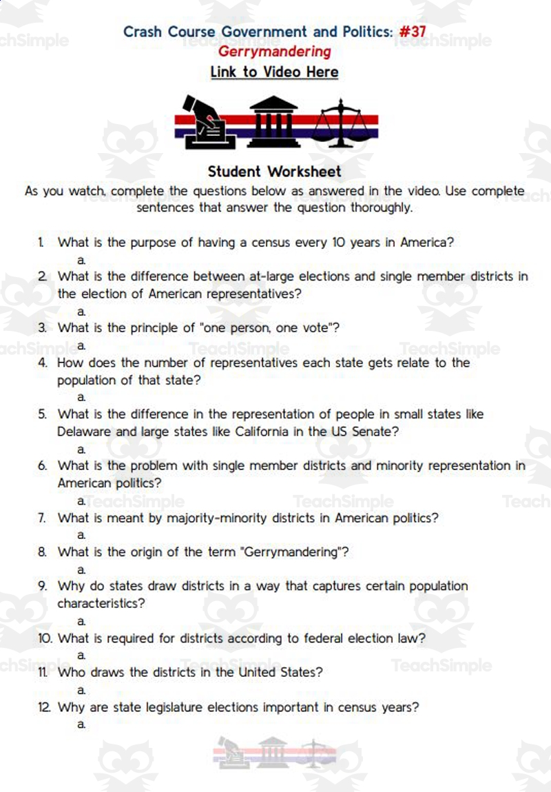 Crash Course Government And Politics 37 Gerrymandering Worksheet By Teach Simple Crash Course Government And Politics 37 Gerrymandering Worksheet By Teach Simple