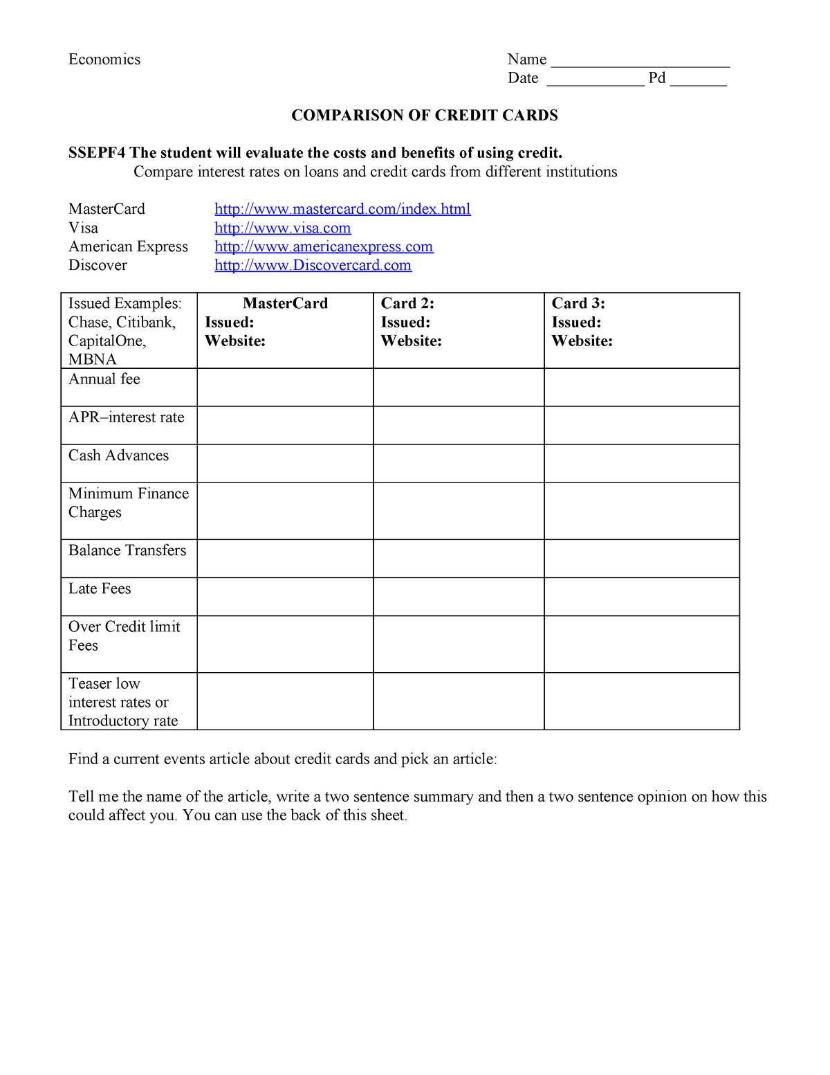Credit Card Comparison Economics Name Date Pd Worksheets Library Credit Card Comparison Economics Name Date Pd Worksheets Library