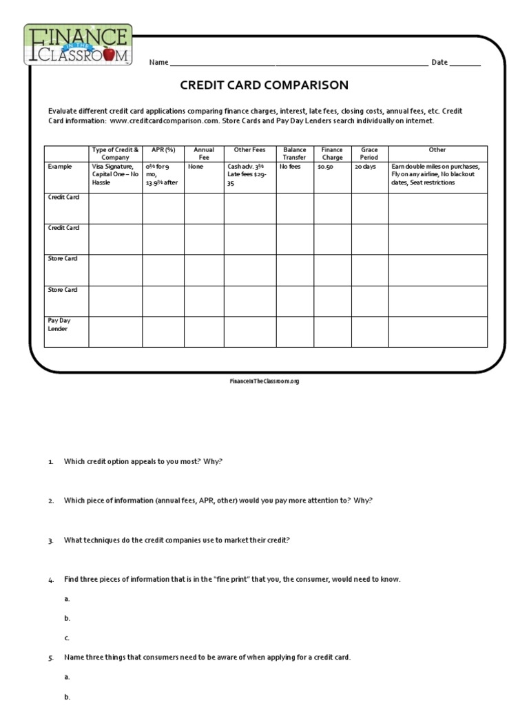 Credit Card Comparison Instructions PDF Worksheets Library Credit Card Comparison Instructions PDF Worksheets Library
