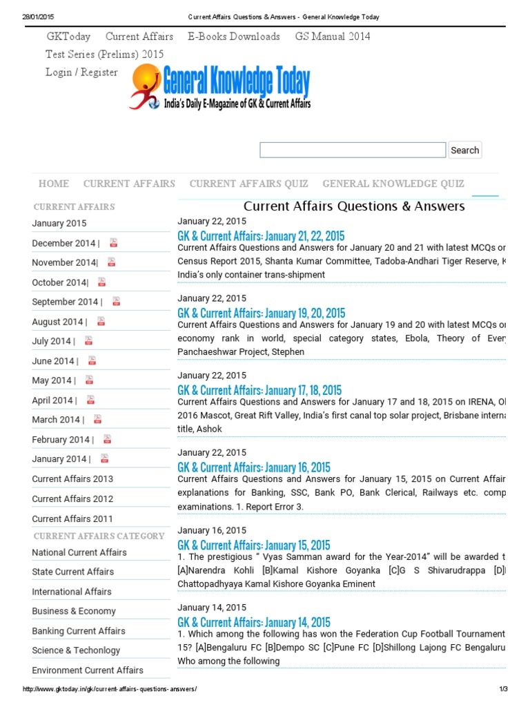 Current Affairs Questions Answers General Knowledge Today PDF Worksheets Library