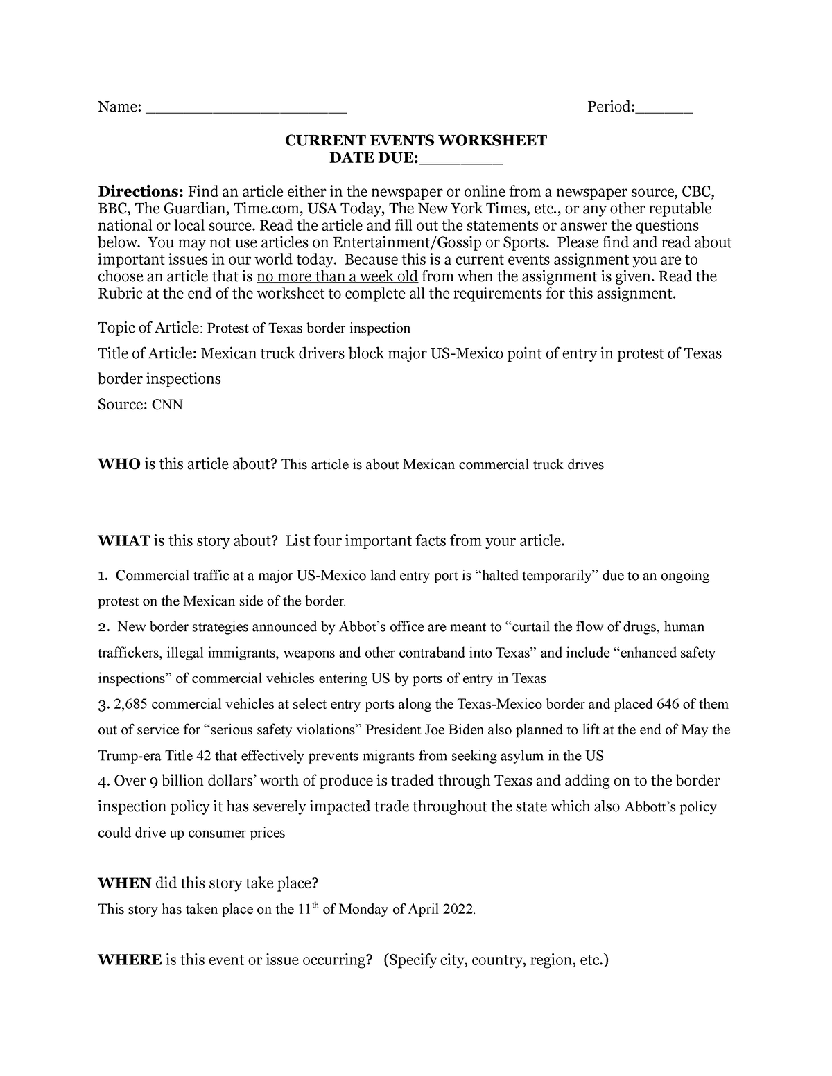 Current Events Worksheet Name Period CURRENT EVENTS Worksheets Library