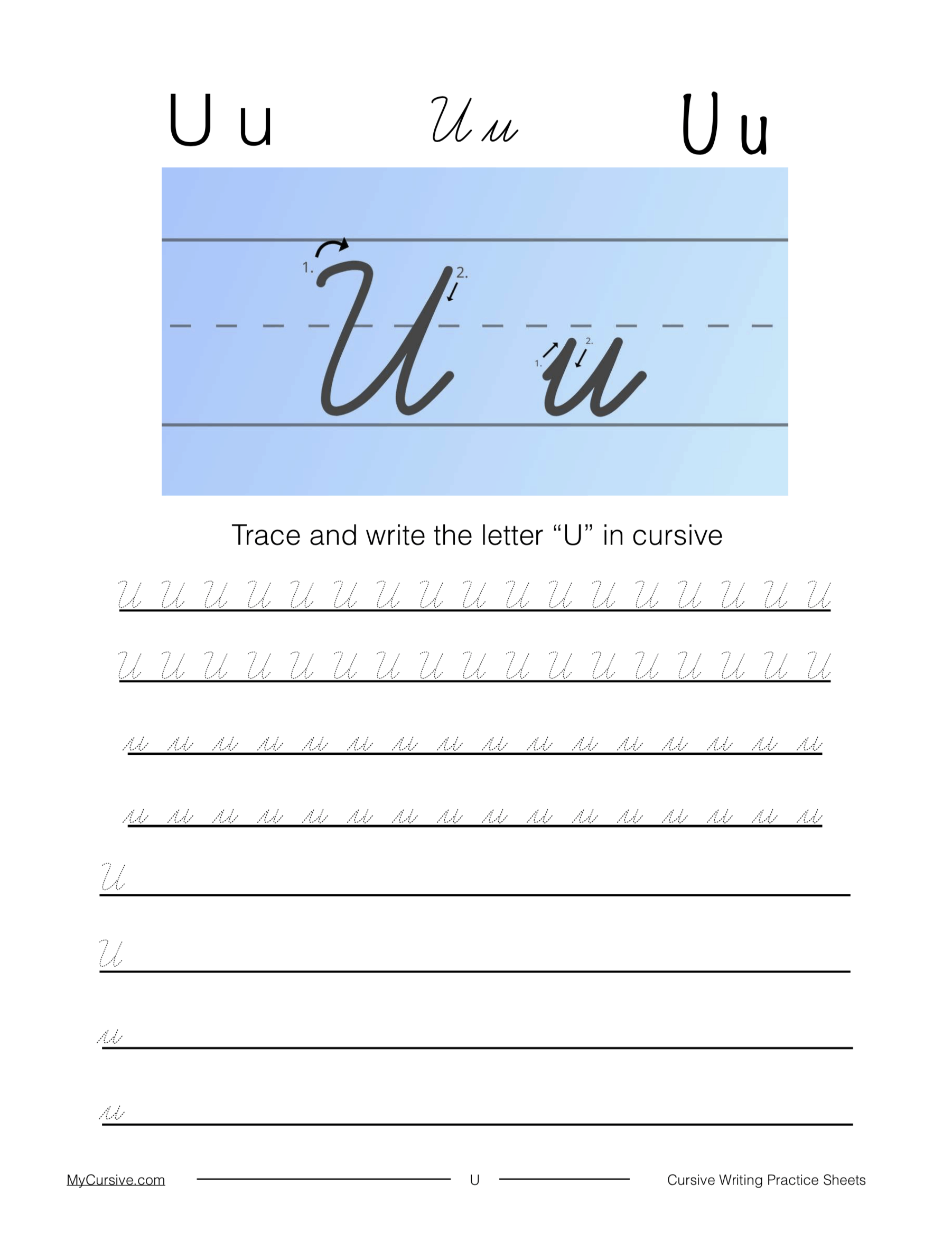 Cursive U Full Tutorial And Worksheet