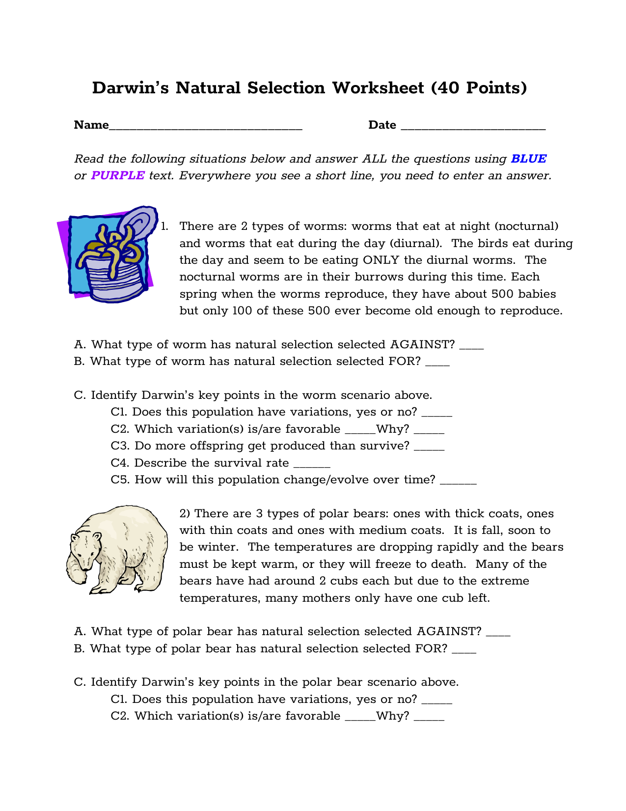 Darwin s Natural Selection Worksheet Darwin s Natural Selection Worksheet