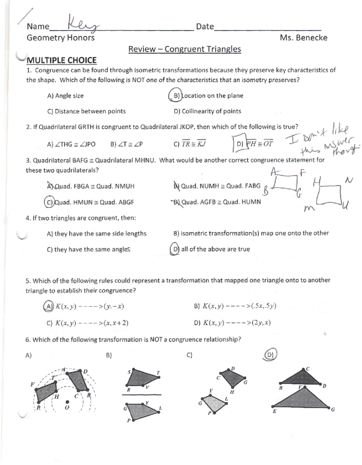 Day 13 Review Answer Key Geometry Honors On Congruent Triangles Studocu