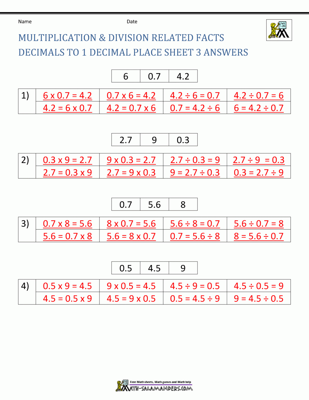Decimal Division Worksheets Decimal Division Worksheets