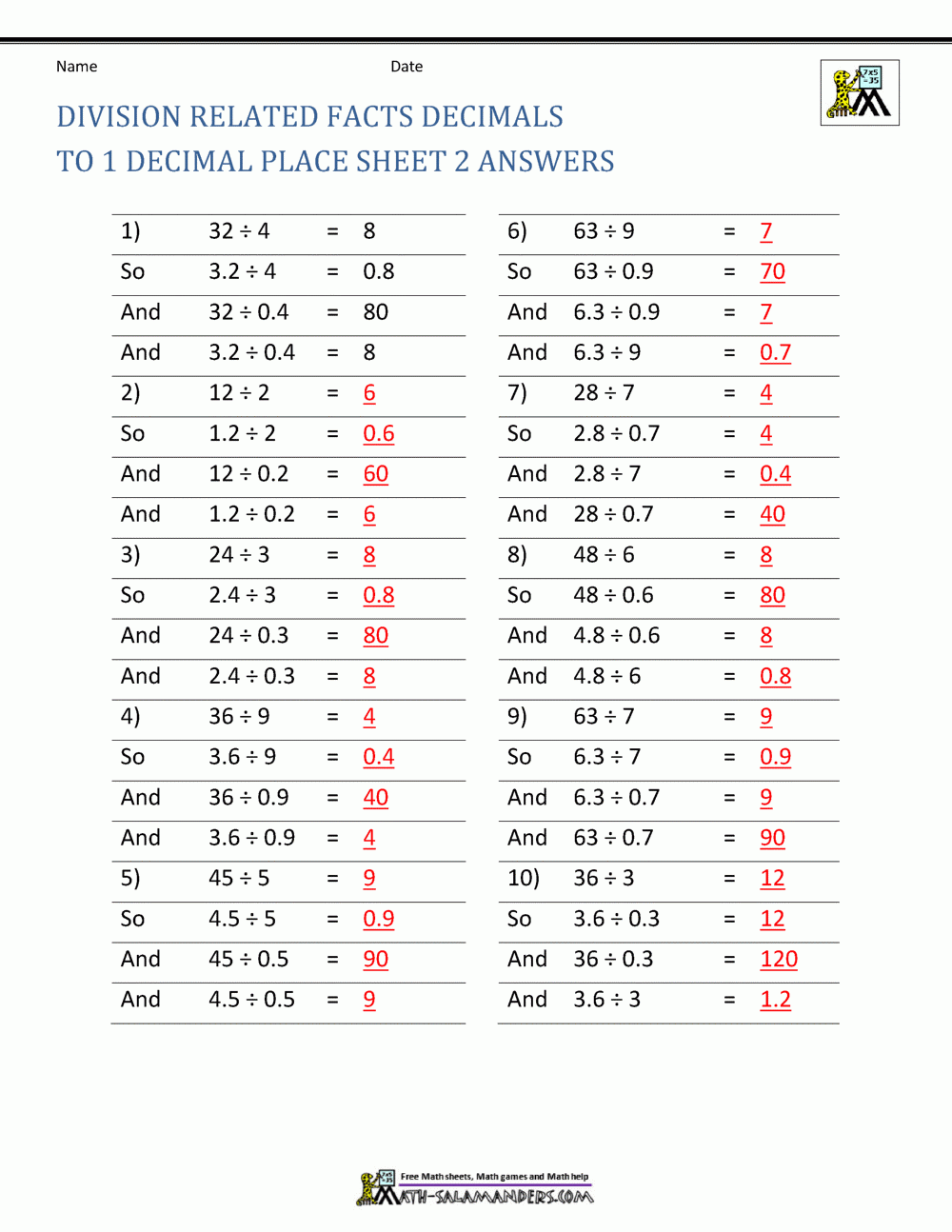 Decimal Division Worksheets