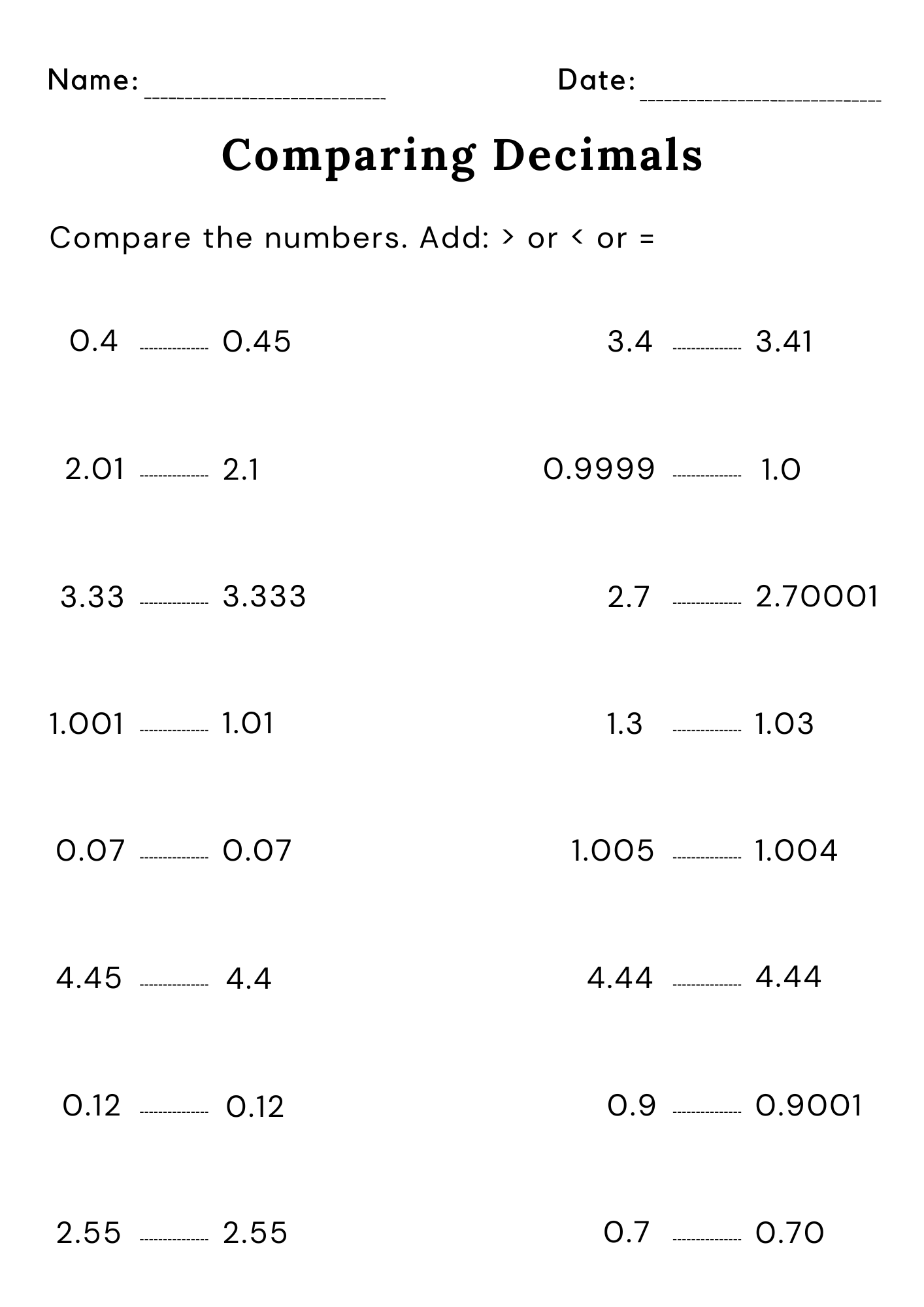 Decimals Greater Than Less Than Worksheets With Answers Teaching Resources Decimals Greater Than Less Than Worksheets With Answers Teaching Resources