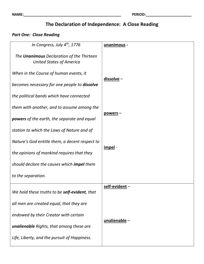 declaration of independence worksheet answer key