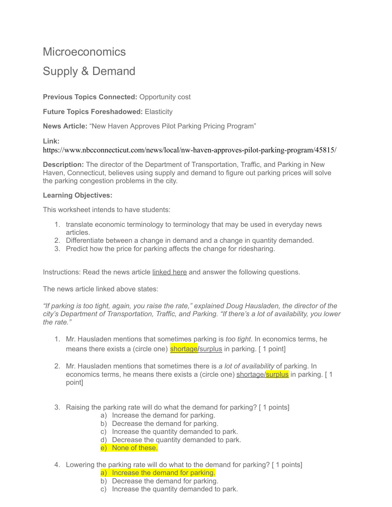 shortages and surpluses worksheet answers