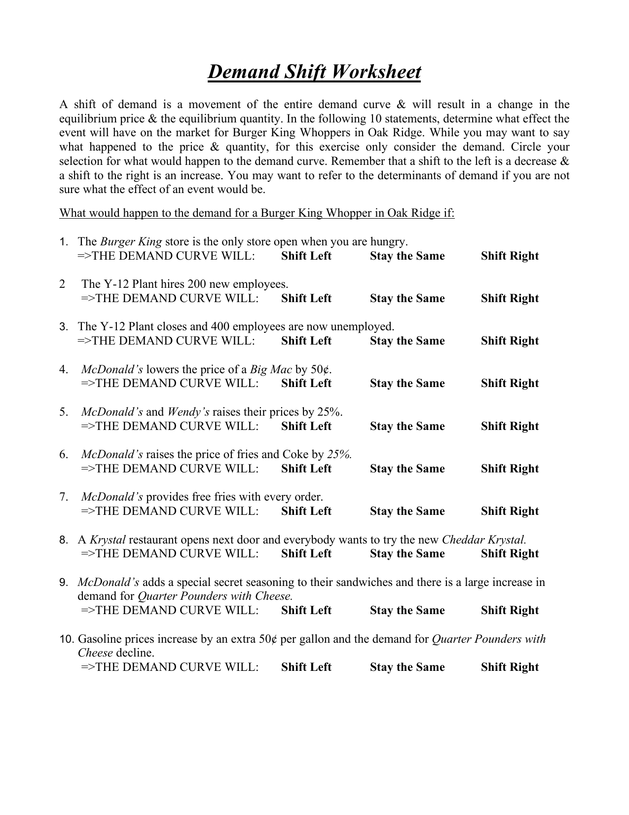 Demand Shift Worksheet Burger King Whoppers Demand Shift Worksheet Burger King Whoppers