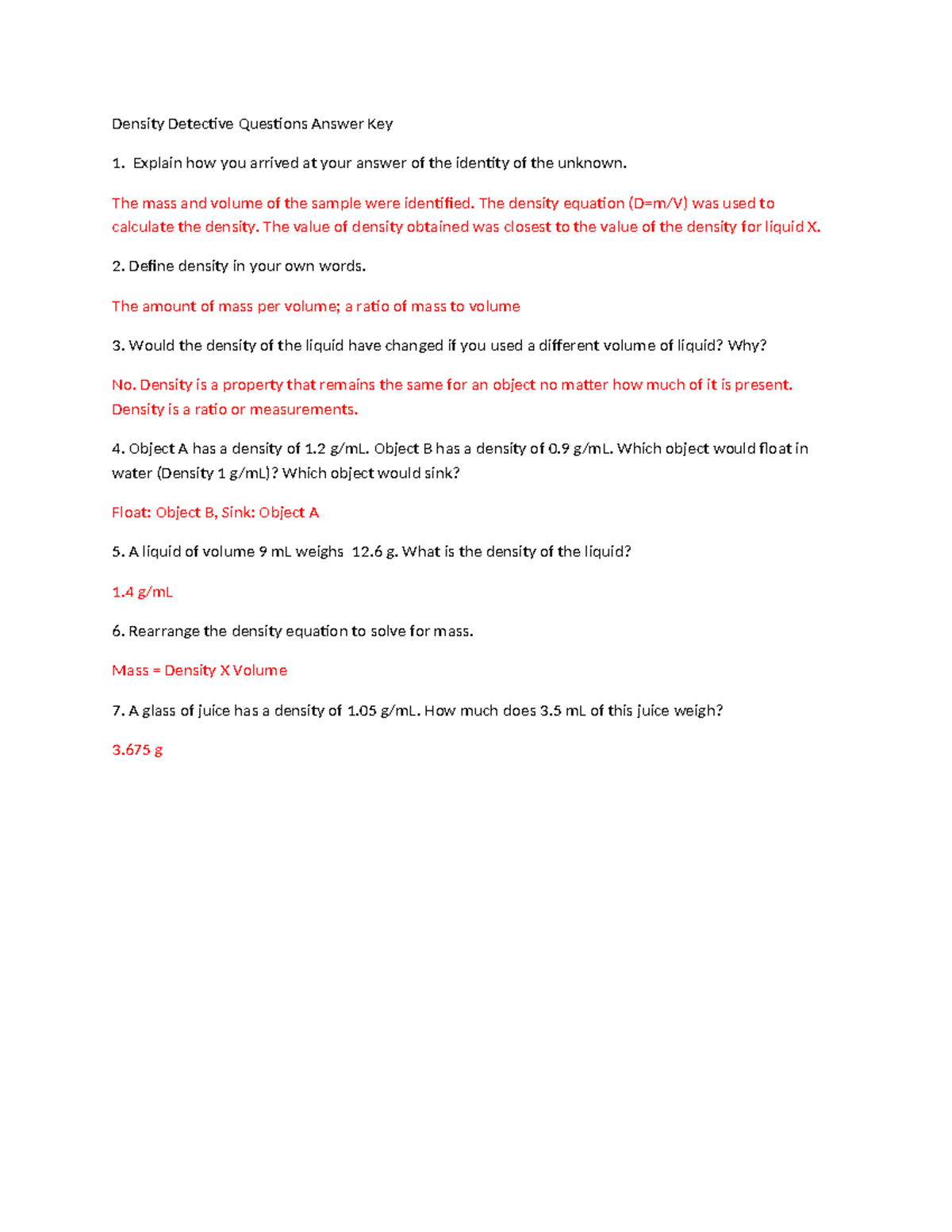 Density Detective Worksheet Answer Key For Science 101 Studocu
