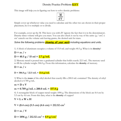 Density Practice Problems Worksheet With Key