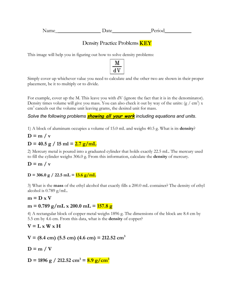 Density Practice Problems Worksheet With Key Density Practice Problems Worksheet With Key