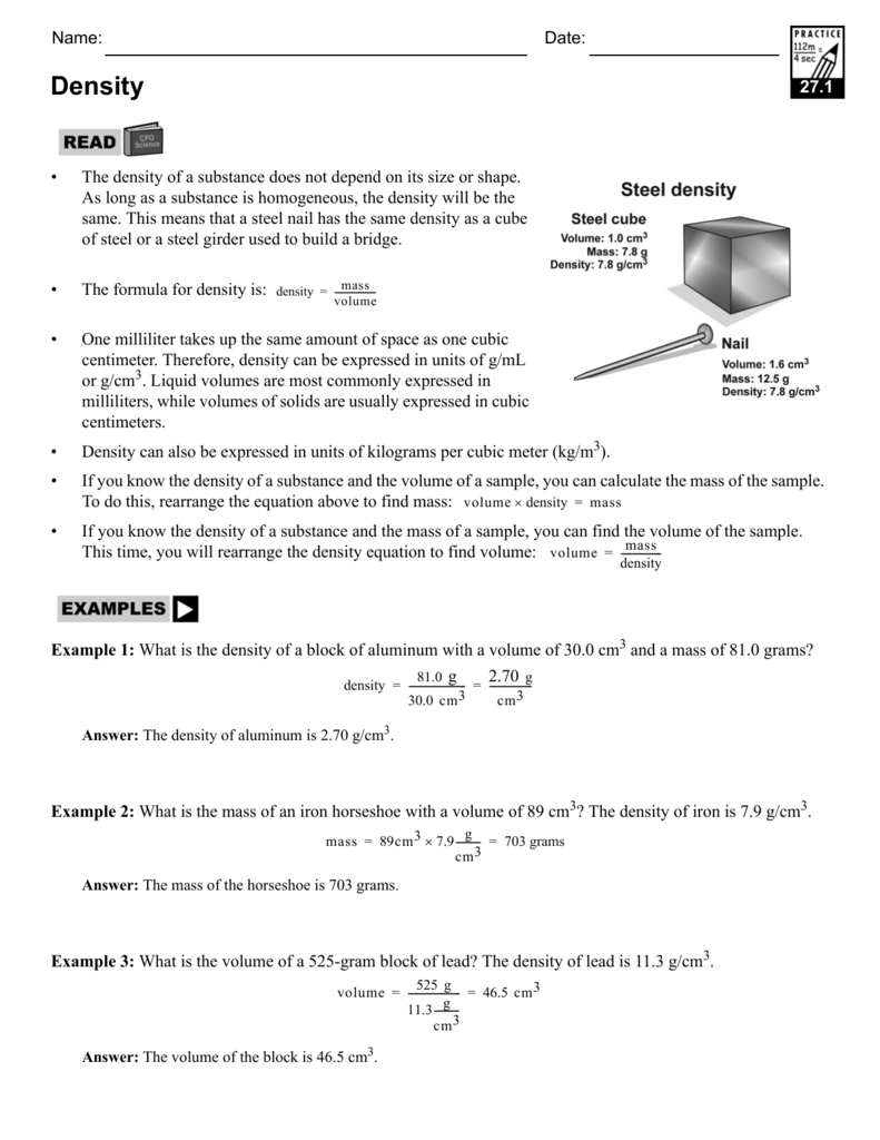Density Worksheet Calculate Mass Volume Density Density Worksheet Calculate Mass Volume Density