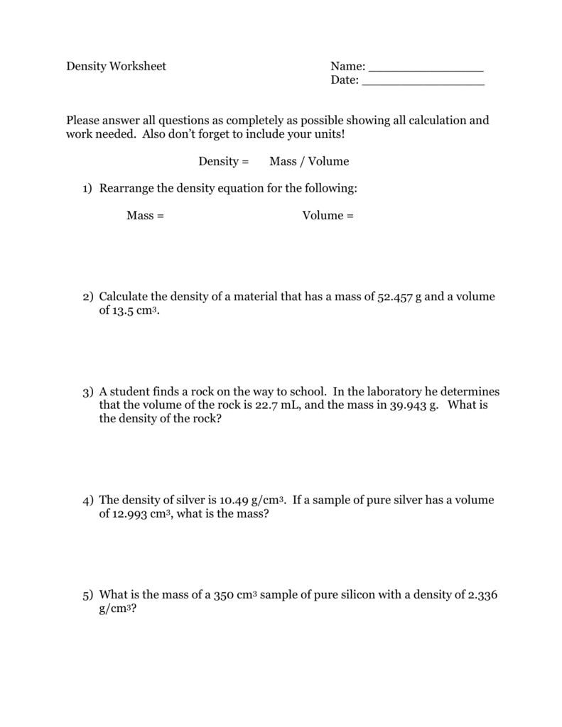 Density Worksheet Practice Problems Calculations Density Worksheet Practice Problems Calculations
