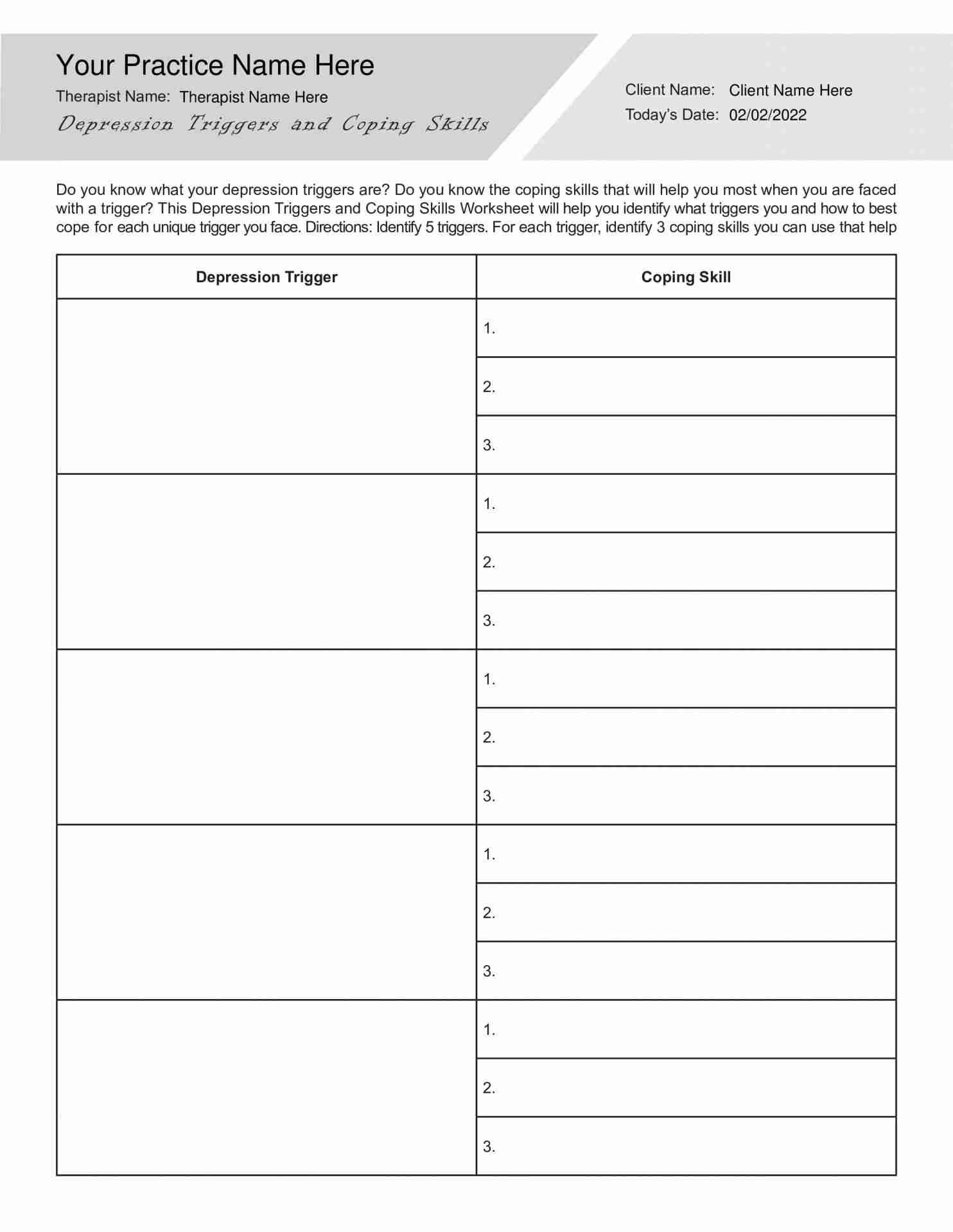 Depression Triggers And Coping Skills Worksheet PDF TherapyByPro