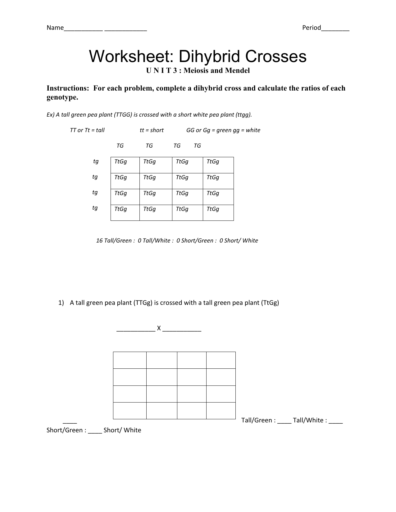 dihybrid cross worksheet answer key