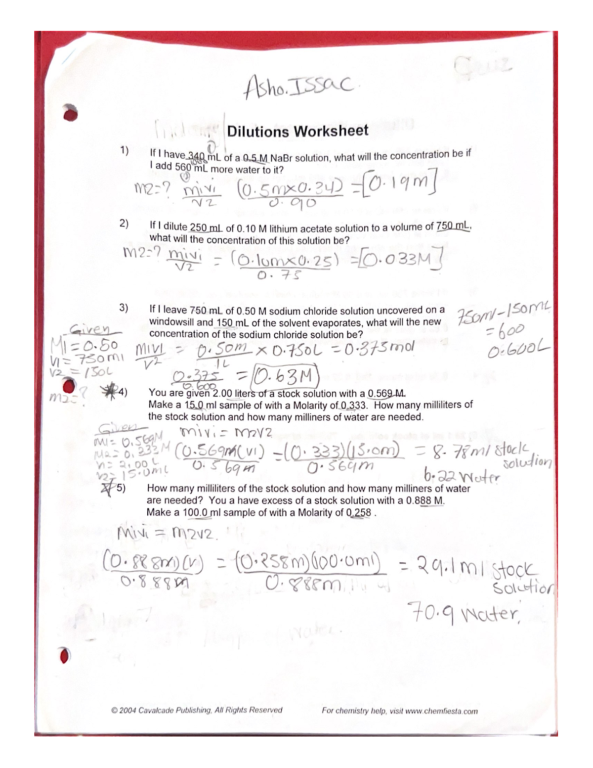 Dilutions Worksheet Concentration Calculation Problems Studocu