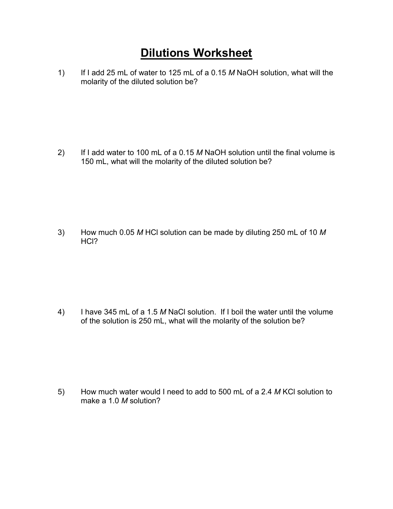 Dilutions Worksheet Molarity Calculations