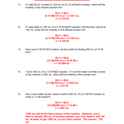 Dilutions Worksheet Solutions
