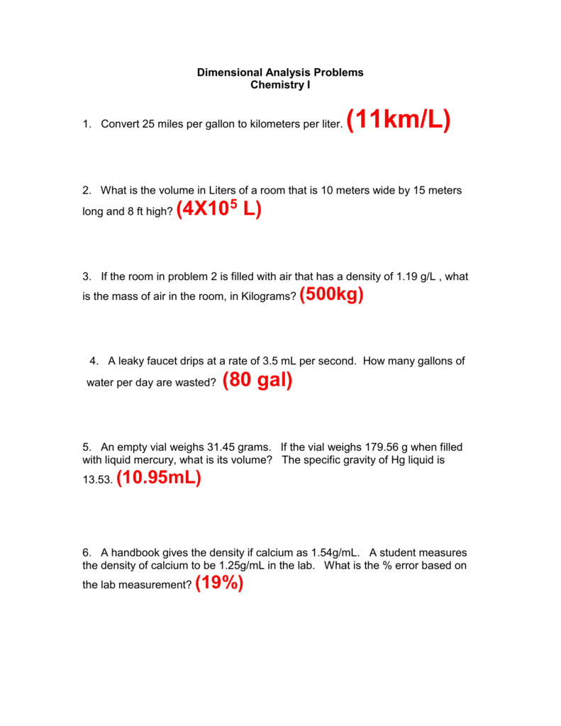 Dimensional Analysis Chemistry Problems Worksheet