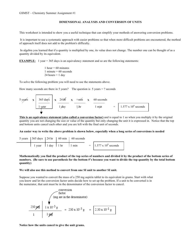 Dimensional Analysis Chemistry Worksheet